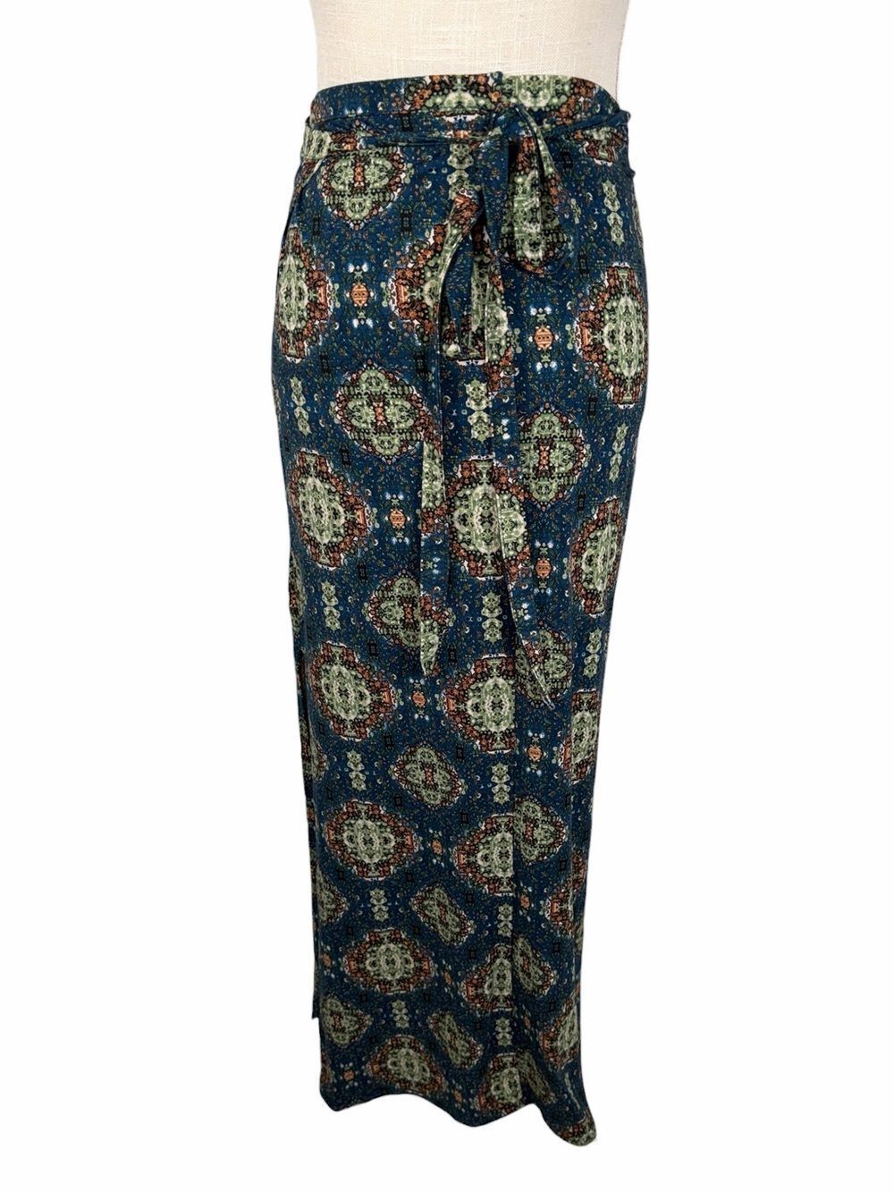 Earthbound Trading Co Teal Blue Boho Medallion Print Wrap Maxi Skirt - Picture 3 of 8